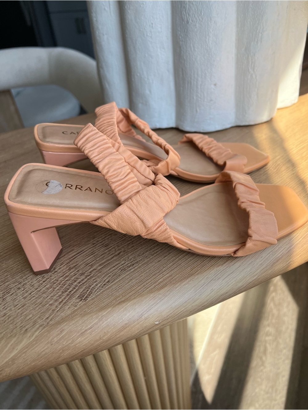 Ruched Strap Mid-Heel Sandals in Peach